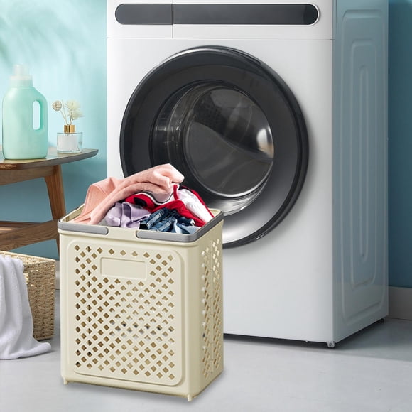 Laundry Basket Foldable Wall Mounted Plastic Storage | Portable White Beige Hamper 43x36x19cm Grip Handles Space Saving