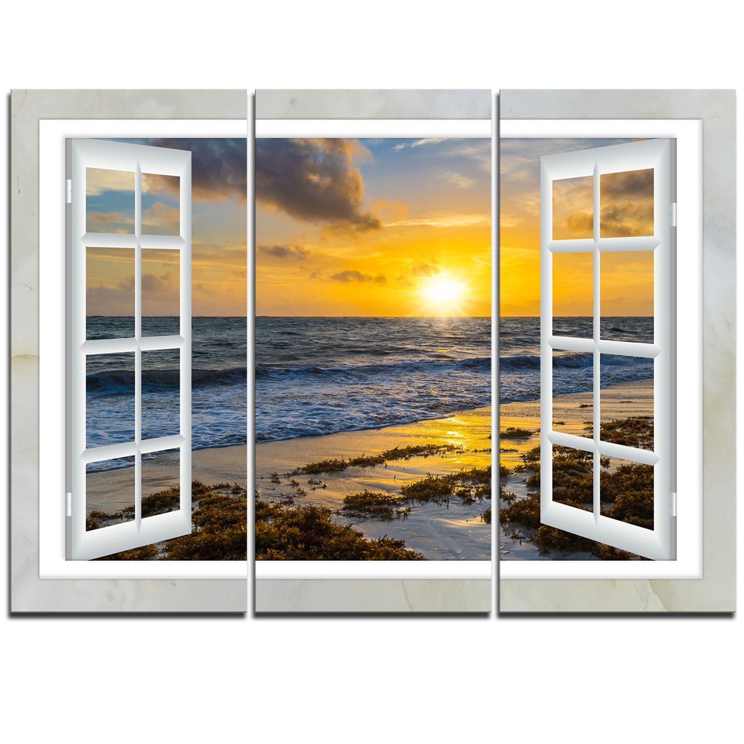 Tableau sur toile imprimée Design Art Paysage marin moderne Couchée de soleil jaune brillant à travers une fenêtre