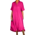 thumbnail image 1 of Besolor Robes Grande Taille pour Femmes Col en V à Revers Manches Longues Robe en Coton et Lin Ample Fluide Ourlet Arrondi Robe Midi, 1 of 6