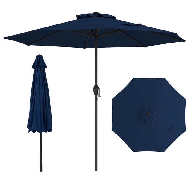 Gymax Outdoor Patio Umbrella in navy with 8 heavy-duty ribs and a vented canopy design. Made from high-quality polyester fabric for sun protection and durability, it features a sturdy powder-coated metal pole and a crank handle for easy operation. The umbrella measures 8.5 ft x 8.5 ft x 7.4 ft (L x W x H) and is suitable for residential and commercial outdoor spaces. Requires a base over 33 lbs for stability (not included).
