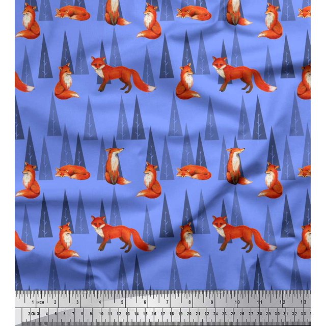 Soimoi Blue Rayon Fabric Artistic Tree & Wolf Animal Printed Craft Fabric by the Yard 42 Inch Wide
