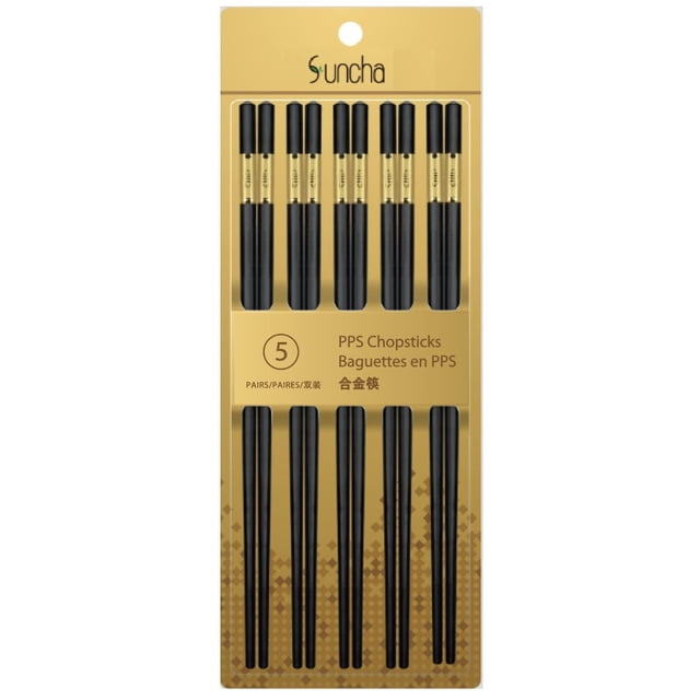 Suncha PPS Chopsticks Ensemble de Cinq Paires en Emballage Or et Noir, Présentant des Chopsticks Noires avec des Bandes Décoratives Dorées et une texture Sculptée Antidérapante pour une Prise Ferme, Résistant à la Chaleur jusqu'à 245 °C, Convient pour la Salle à Manger et l'Utilisation de Couverts.
