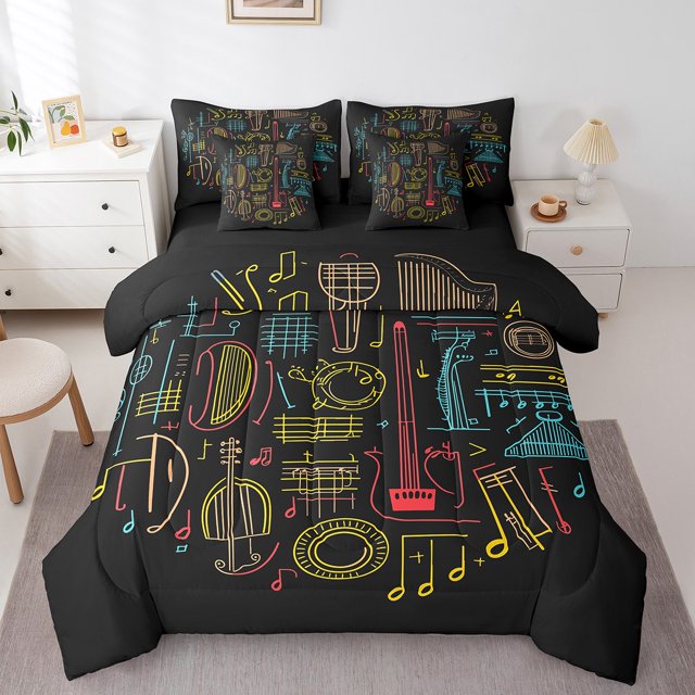 Musical Instruments 7 Piece Comforter Set Full Bed in a Bag,Drum Kit Bedding Sets Sound Box Violin Sheet Set with Comforter,Coloreful Line Art Music Theme Bed Set