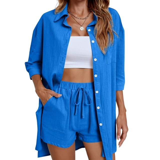EIMELI Women Blouse Suit Button Down Pockets 2 Piece Lounge Set Solid Loose Fit Outfits