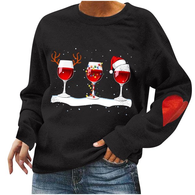 Pompotops Automne et Hiver Femmes Chandail Imprimé de Noël Col Rond Manches Longues Blouse Unie Hauts Chandails en Molleton