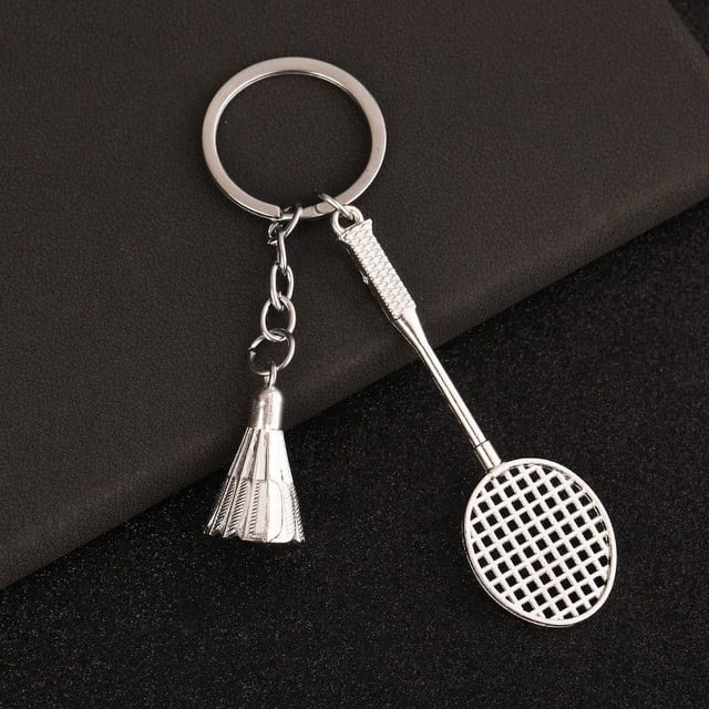 Simulated Badminton Keychain Pendant | Silver Alloy Souvenir | Sports Lovers Gift | Durable 8x3cm Accessory | Novelty Racket & Shuttlecock Design | 1 Piece