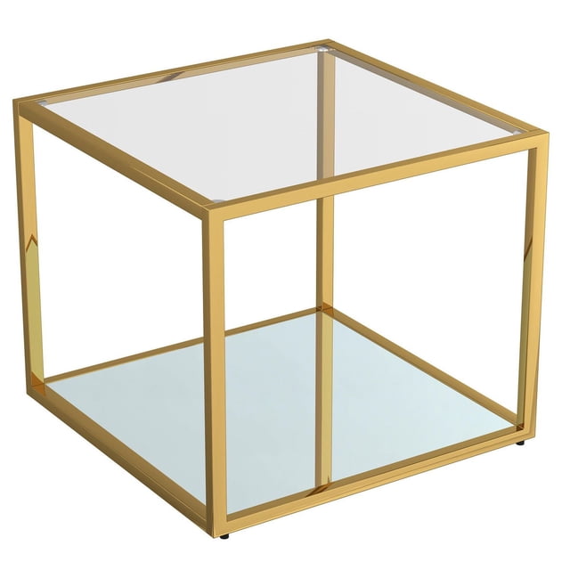Table Basse Carrée Contemporaine en Métal et Verre avec Cadre en Métal Doré Poli, Dessus en Verre Trempé Clair de 8 mm d'Épaisseur et Plateau Inférieur en Verre Miroir, Mesurant 19,75 x 19,75 x 16,5 Pouces, design Modulaire Idéal pour Agencer et Assortir.