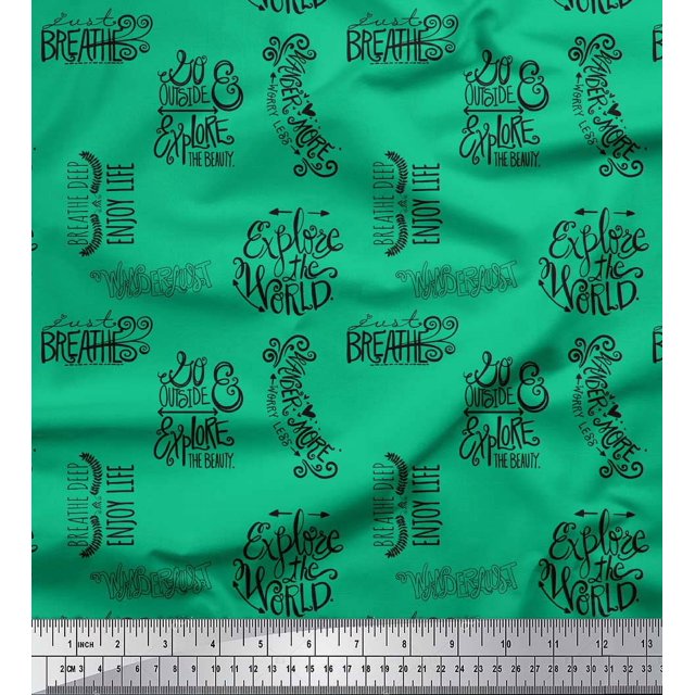 Soimoi Green Velvet Fabric Explore The World Text Print Fabric by the Yard 58 Inch Wide