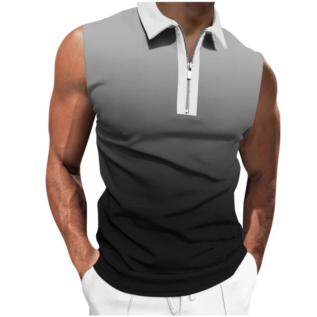 Plebaso Tank Tops for Men Casual Quarter Zip Collared Tee Shirts Sleeveless Gradient Color Fashion Shirts