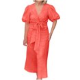 thumbnail image 2 of LOVZFMLL Women's Summer Solid Color Short Sleeve -Neck Dress Watermelon Red L, 2 of 7