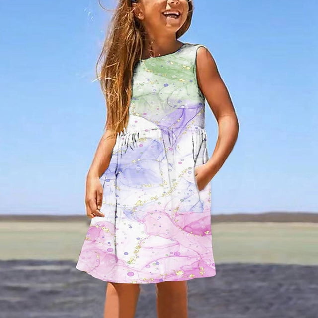 LSLJS Robes d'Été pour Tout-Petits pour Filles Robe à Imprimé Floral Robe à Nœud Vêtements Décontractés Enfants Robe Soleil Sans Manches