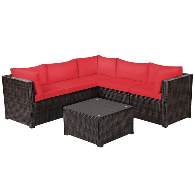 Patiojoy Ensemble de Mobilier de Patio en Rotin 6 Pcs Ensemble de Conversation en Osier d'Extérieur avec Table Basse en Verre Trempé Rouge