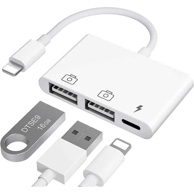 GHSDFBB iPad to USB Adapter featuring a 3-in-1 design with dual USB ports, a lightning connector, and a USB-C charging port. Compatible with iPhone and iPad models with lightning ports, supporting iOS 9.2 to iOS 16. Shown with a USB flash drive and lightning cable, this adapter supports peripherals like digital cameras, USB flash drives, and MIDI keyboards, with a maximum current of 500 mAh. Not compatible with printers or hard drives.