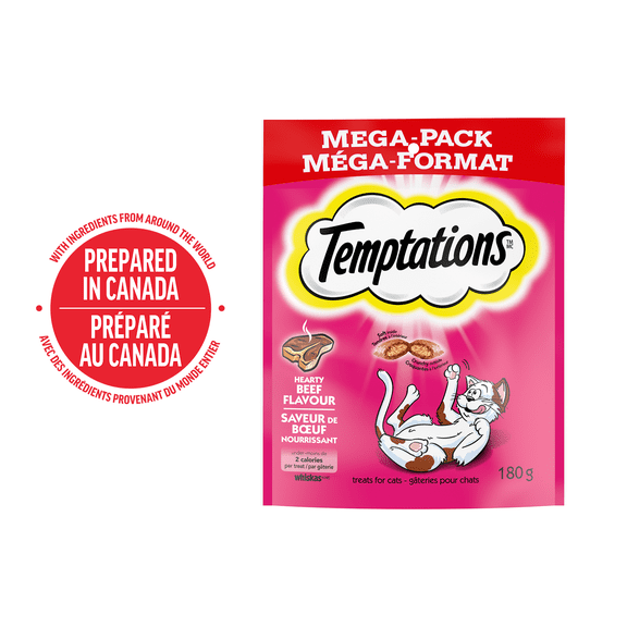 Gâteries pour chats Temptations saveur de bœuf nourrissant, tendres à l'intérieur, croquantes à l'extérieur