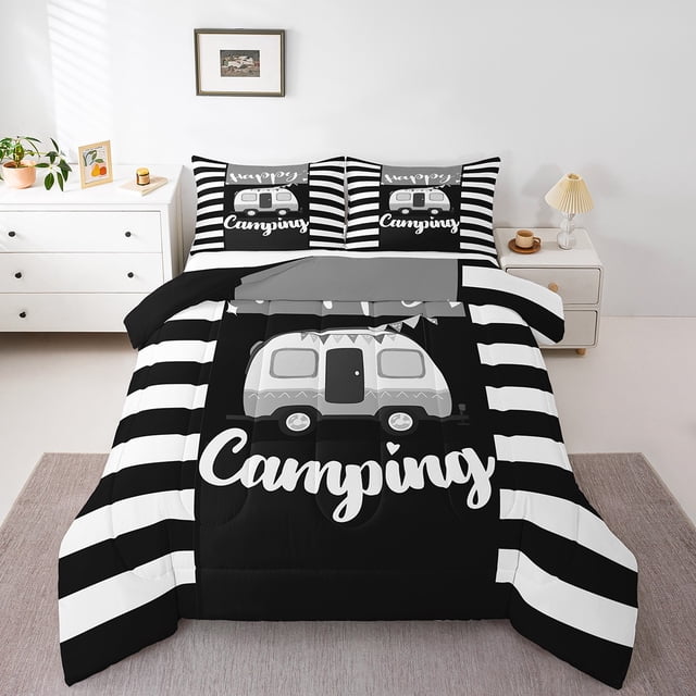 Erosebridal RV Car Stripes Bedding Sets Full with Comforter,Camping Adventure Duvet Insert,Cartoon Car Decor,Reversible,3pcs