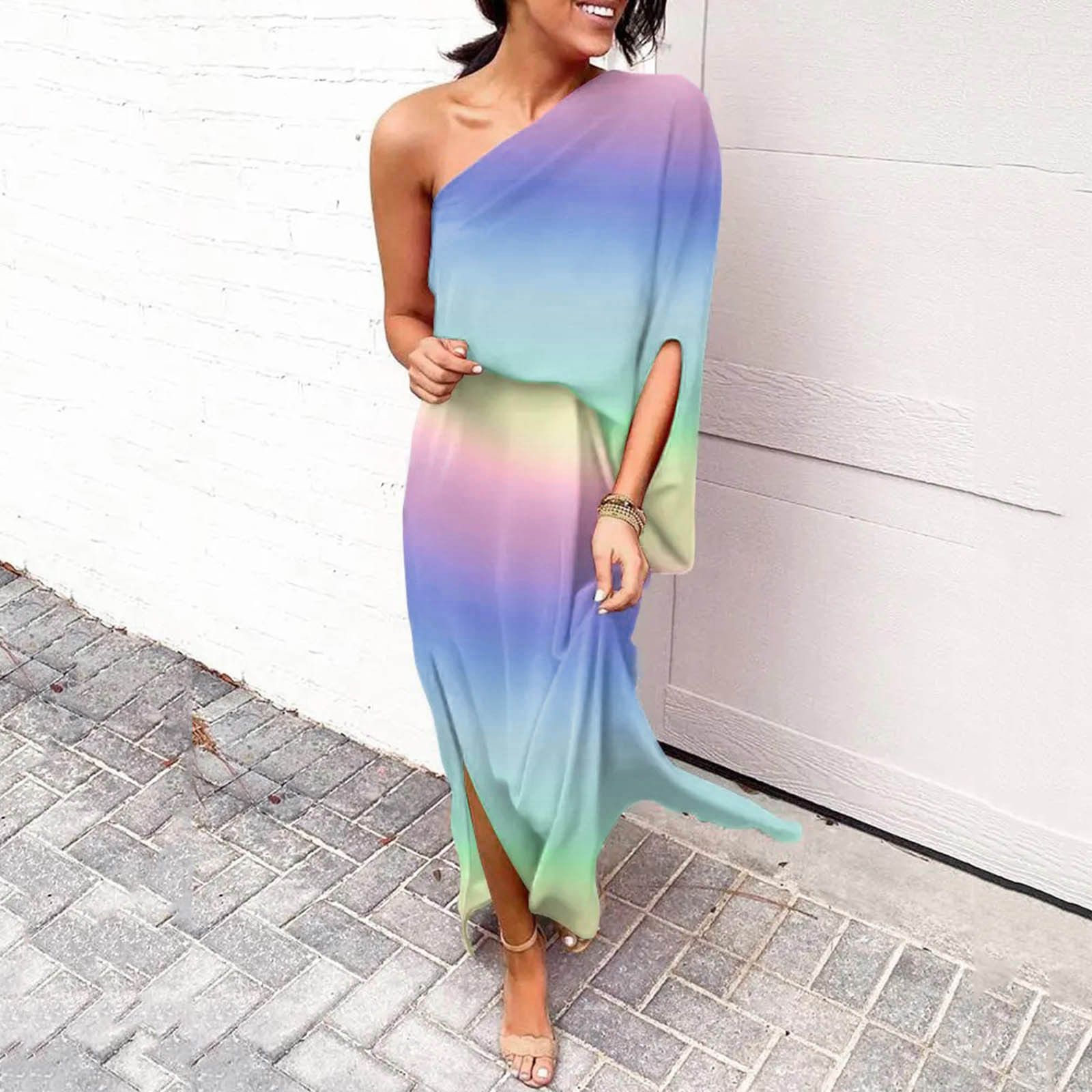 LOVZFMLL Robe d'Été pour Femme, Aguichant, à une Épaule, Imprimée, Ample, à Manches, Ourlet Fendu à Moitié, Violet, TG