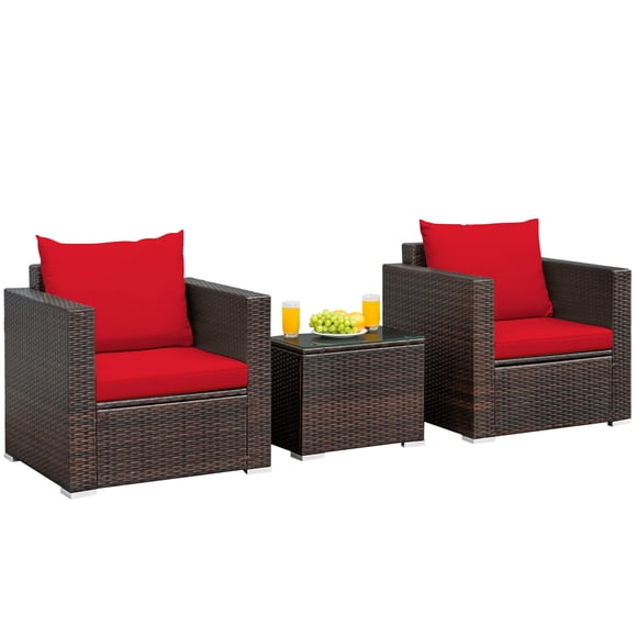 Patiojoy 3 PCS Patio Rattan Furniture Set with 2 Cushioned Sofas & Coffee Table for outdoor Red