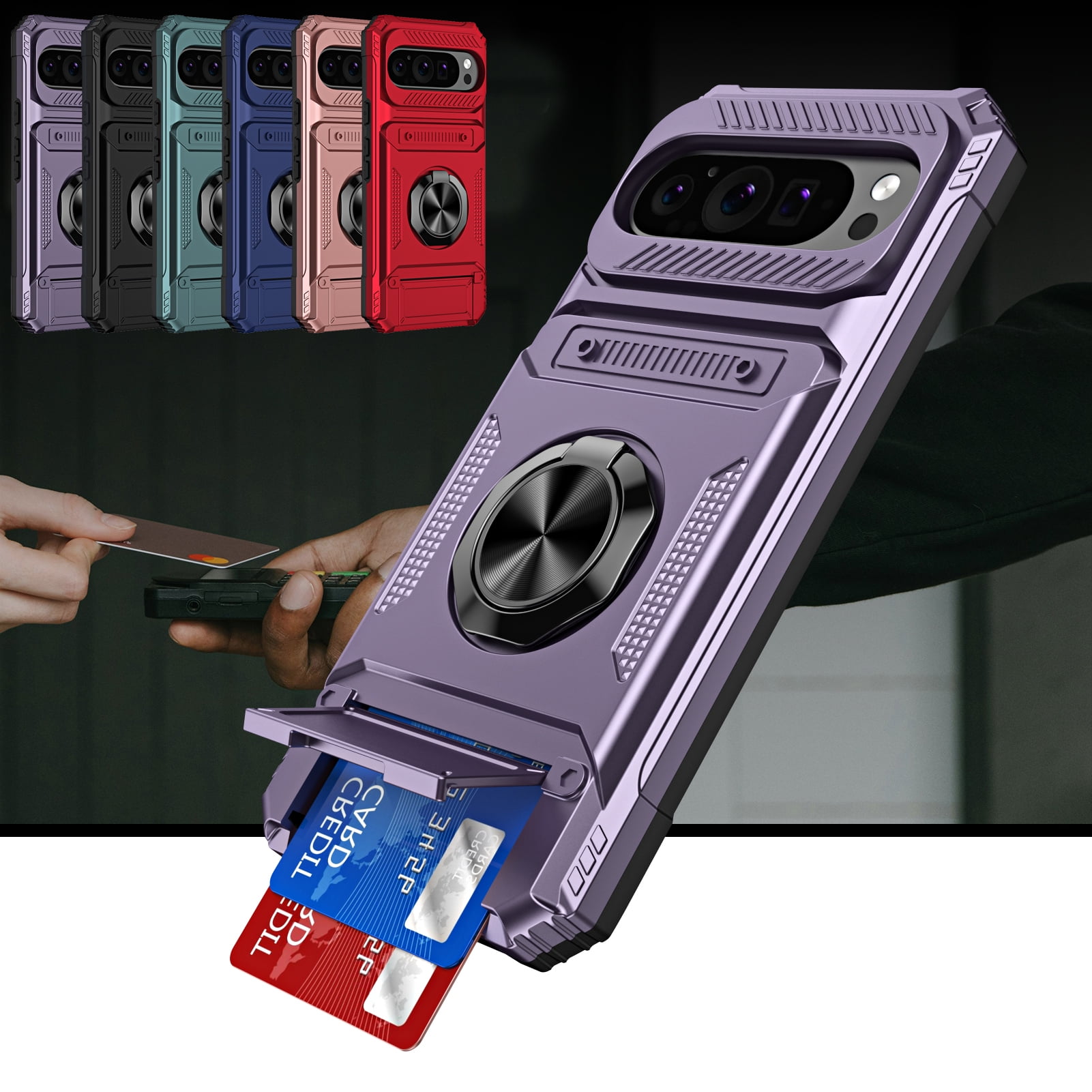 ShieldPlus for Google Pixel 9 Phone Case with Finger Ring Holder Kickstand, Heavy Duty Shockproof Rugged Protective Case for Pixel 9 Pro 6.3 Inch, Working with Magnetic Car Phone Mount,Purple