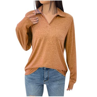 AherBiu T-Shirts pour Femmes à Manches Longues, Col en V, Hauts à Col, Automne, Décontractés, Coupe Ample, Confortables
