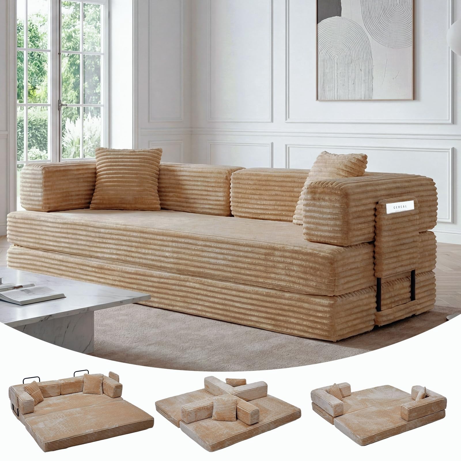 5-in-1 Convertible Sofa Bed, 80.7 Inch Folding Corduroy Couch with Storage Pocket, No Assembly Required, 4 Pre-Shaped Frames and 2 Pillows, Space-Saving Multi-Function Sofa Couch