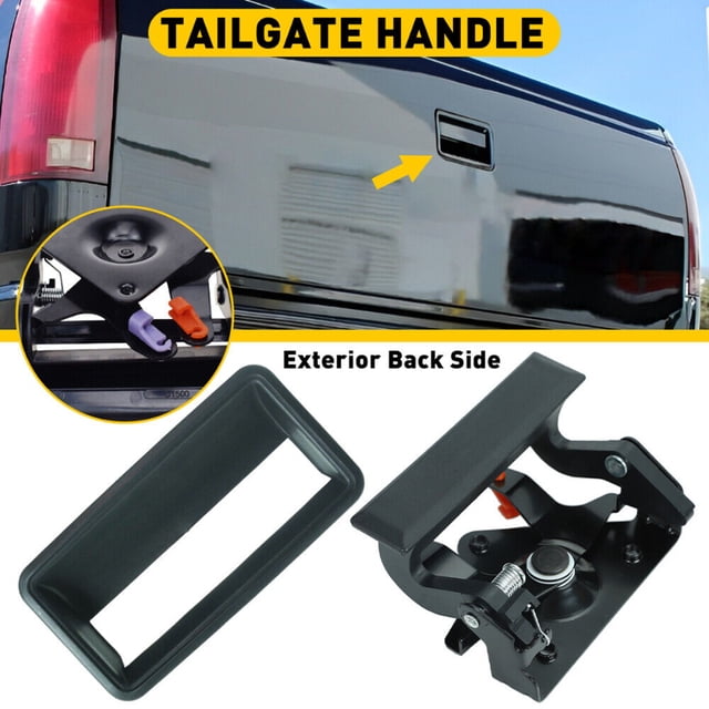 Car Rear Tailgate Handle with Baffle Replacement Exterior Door Handle 15991785 15991786 Compatible for Pickup. Black plastic tailgate handle shown installed on a truck's rear tailgate, with a close-up of its internal mechanism and baffle. Compatible with 1988-2002 C1500, C2500, C3500, K1500, K2500, and K3500 trucks. Includes OE numbers 15991785, 15991786, 15531113, 15606895, GM1916101, GM19151011.