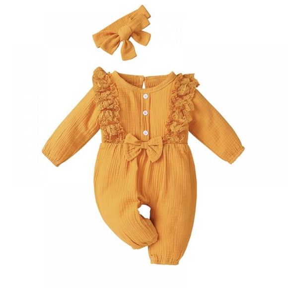 Combinaison une-Pièce à Manches Longues pour Bébé Fille avec Volants et Nœud, Justaucorps en Coton, Bandeau, Tenues