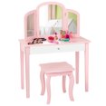 thumbnail image 1 of Gymax Coiffeuse Princesse Table de Maquillage avec Miroir Tri-Pliant et Chaise Rose, 1 of 10
