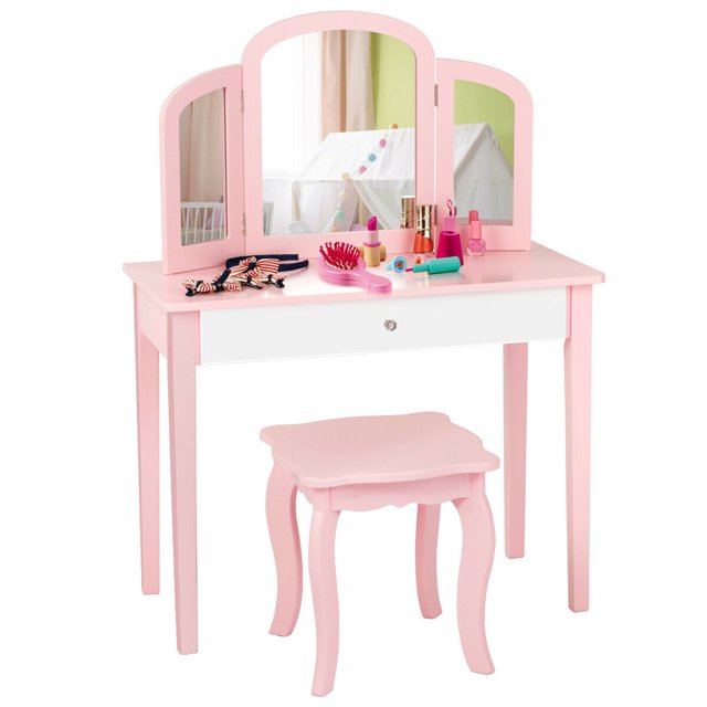Gymax Coiffeuse Princesse Table de Maquillage avec Miroir Tri-Pliant et Chaise Rose