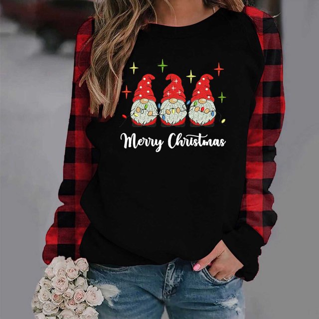 EQWLJWE Chemise Graphique de Noël Amusante et Joyeuse pour Femmes, Manches Longues Raglan à Carreaux, Col Rond, Tunique Décontractée, Hauts Mignons de Nain, Pyjamas de Noël, Cadeaux de Noël, Hauts à Manches Raglan