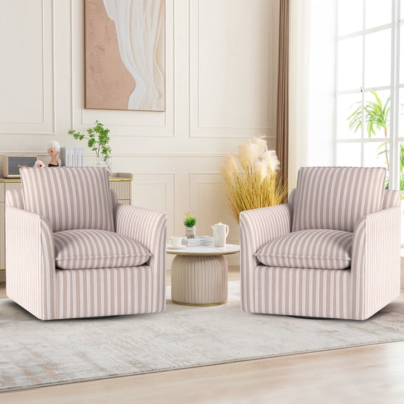 Bonzy Home Swivel Accent Chair Set of 2, Modern Wide Armchair with Thick Backrest & Cushion, Upholstered Square Arm Chairs for Reading, Fabric Single Sofa for Living Room, Bedroom, Brown Stripe