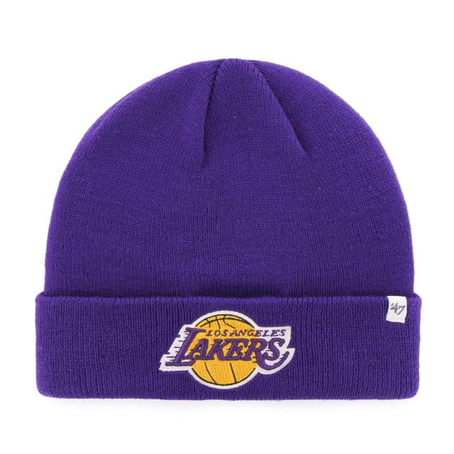 Lakers de Los Angeles NBA Tuque en Tricot à Revers Surélevée par '47, Présentant un design en Tricot Acrylique Violet avec un Bord Retroussé. l'Avant Affiche le logo d'Équipe des Lakers de Los Angeles Brodé en Jaune et Violet, Ainsi Qu'une Petite Étiquette de logo '47 sur la Manchette. sous Licence Officielle de la NBA.