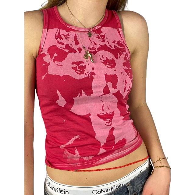 xiaxaixu Camisole Courte d'Été pour Femme, Haut Sans Manches à Col Rond Imprimé