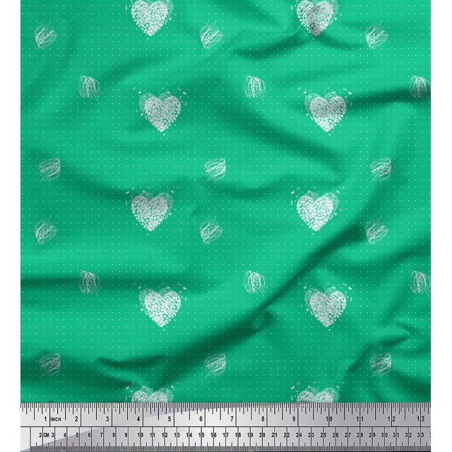 Soimoi Green Modal Satin Fabric Heart & Dots Decor Fabric Printed Yard 42 Inch Wide