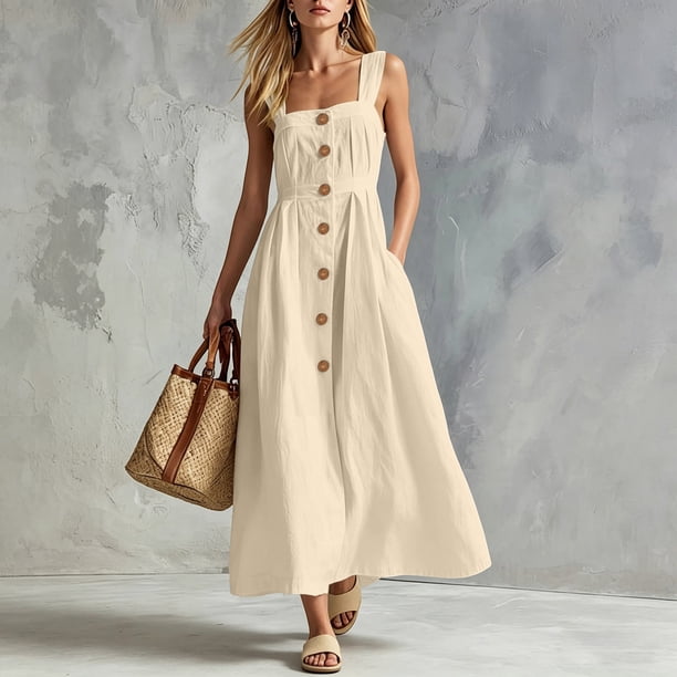 CHUMUD Summer Dresses for Women Casual Linen Blend Square Neck Button-Front Maxi Dress Wide Strap Cami Sundress