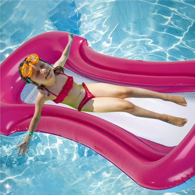 Inflatable Pool Float Inflatable Net Floating pool float inflatable floating bed in a vibrant red color, measuring 160x60cm. Made from environmentally friendly PVC material, it features a soft mesh center for lounging comfortably in the water. The image shows the float in use, with a person relaxing on it in a swimming pool. Ideal for pools, beaches, and water parks, this float is lightweight, foldable, and easy to transport.