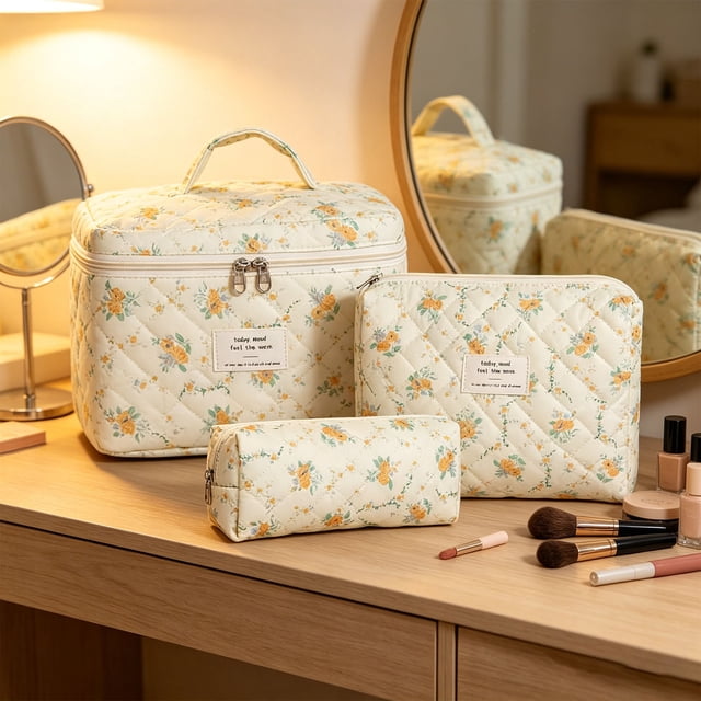 ZZkhGO Large Capacity Partitioned Storage Bag, Polyester Quilted Travel Organizer, Vintage Floral Makeup Pouch Set with 3 Sizes for Business Trips