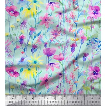 Soimoi Crepe Silk Fabric Flower Watercolor Print Fabric by The Yard 42 Inch Wide