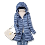 Baberdicy Women's Detachable Hood Mid-Length down Coat, Slim Fit Winter Warm Zippered Jacket , Detachable-Hood Long Puffer, Slim Mid-Length down Coat, Winter Parka Blue Xxl