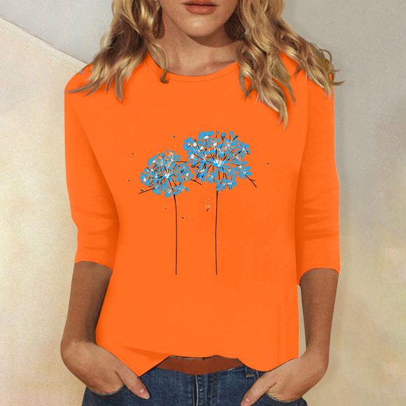 Jienlioq Cute Tops for Women Women's Loose Casual Orange Knot Orange Round Neck Three Quarter Sleeve T-Shirt Top Black Friday Deals