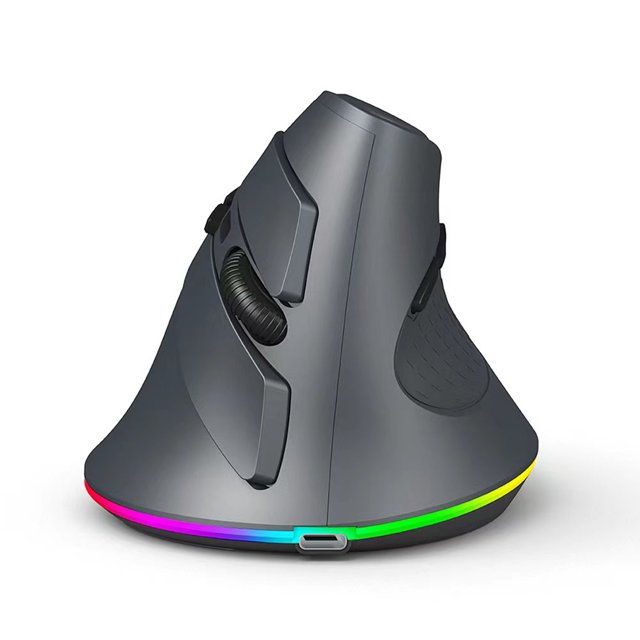 Mistaha Vertical Wireless Gaming Mouse with ergonomic design, rechargeable 600mAh battery, customizable DPI settings (1000/1600/3200), and multiple connection modes including 2.4G wireless and Bluetooth. Ideal for gaming or office work, the mouse features a vertical shape with textured grip, programmable buttons, and an LED light strip at the base.