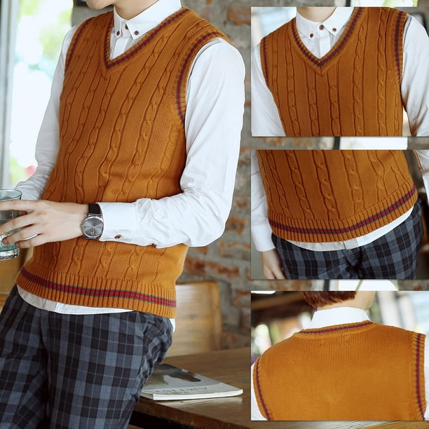 TOPTIE Men's 100% Cotton Knit Sweater Vest, V Neck Cable Pattern