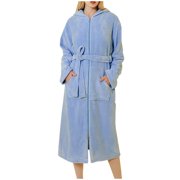 Long Zip up Robes for Women, Fall Winter Zipper Fleece Hooded Belt Robes with Pockets, Warm Housecoats Bathrobe Blue M