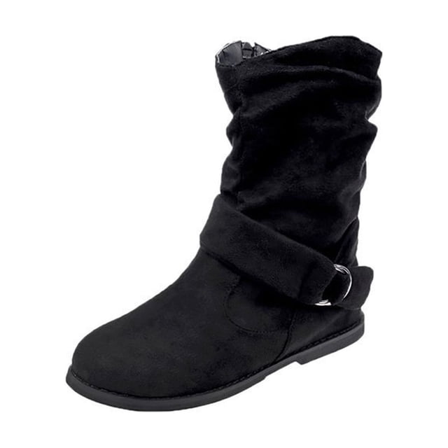 XZNGL Bottes Cheville pour Femmes d'Hiver Plates en Cuir à Boucle, en Suède, à Fermeture Éclair, Bout Rond