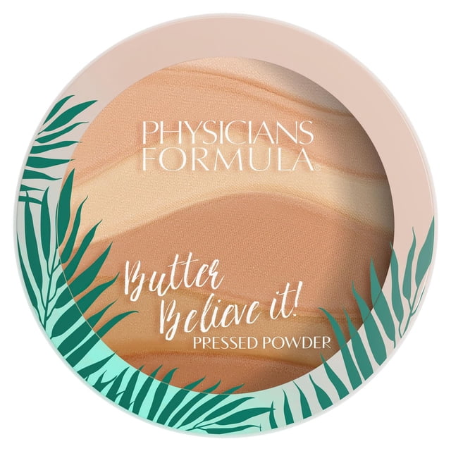 MURUMURU BUTTER BELIEVE IT FACE POWDER CREAMY NATURAL by Physicians Formula, a round pressed powder compact with multicolour creamy beige swirls and green tropical leaf accents on the lid, offering buildable coverage and a radiant, natural finish suitable for sensitive skin.