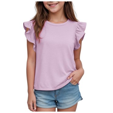 dmqupv Girl Graphic Tees Girls Summer Comfortable And Breathable Solid Color Flying Sleeve Top Purple,Size for 3-4 Years