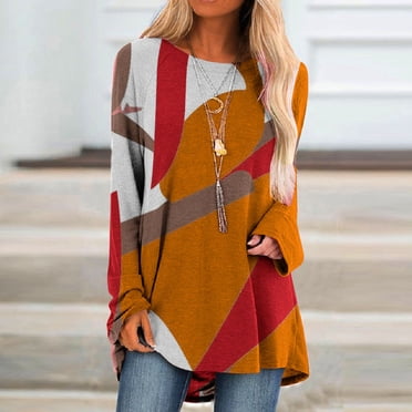 Meichang Womens Tunic Tops Trendy Color Block T-Shirt Casual Crewneck Blouse Loose Long Sleeve Shirts Geometric Print Pullover Tunics