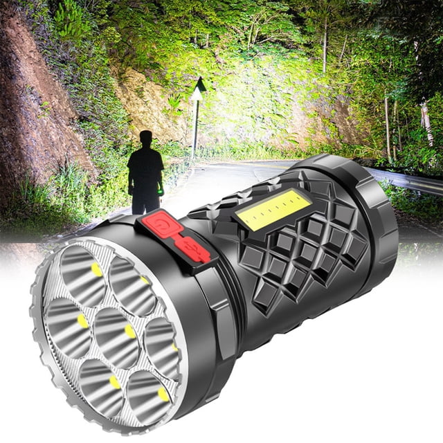 EGNMCR Camping & Hiking LED Flashlight featuring eight highlight lamp beads for super bright illumination. This rechargeable flashlight includes a COB side light for versatile use as a work light or emergency backup. Made of durable ABS material, it is IPX-6 waterproof and suitable for harsh environments. The flashlight offers four lighting modes: strong light, low light, flash, and side light, with a built-in power display and USB charging capability. Ideal for camping, hiking, cycling, and other outdoor activities.