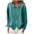 thumbnail image 1 of Penkiiy Chemises pour Femmes à Boutons, Col à Revers, Coton et Lin, Chemises à Encolure Portefeuille, Blouse Unie, Robe à Manches Longues, Hauts Décontractés, TG Vert, 1 of 9