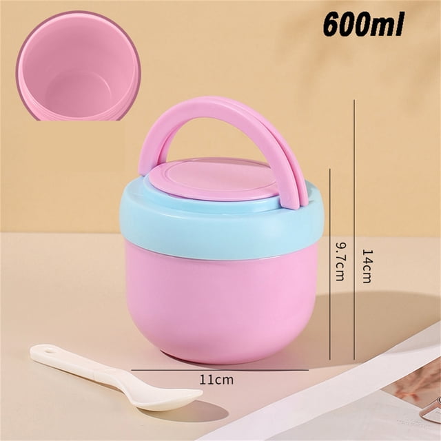 Portable Mini Soup Cup, Insulated Cereal Bowl for Office Breakfast, Leak-Proof Bento Container with Spoon for Takeaway Snacks Milk, Pink