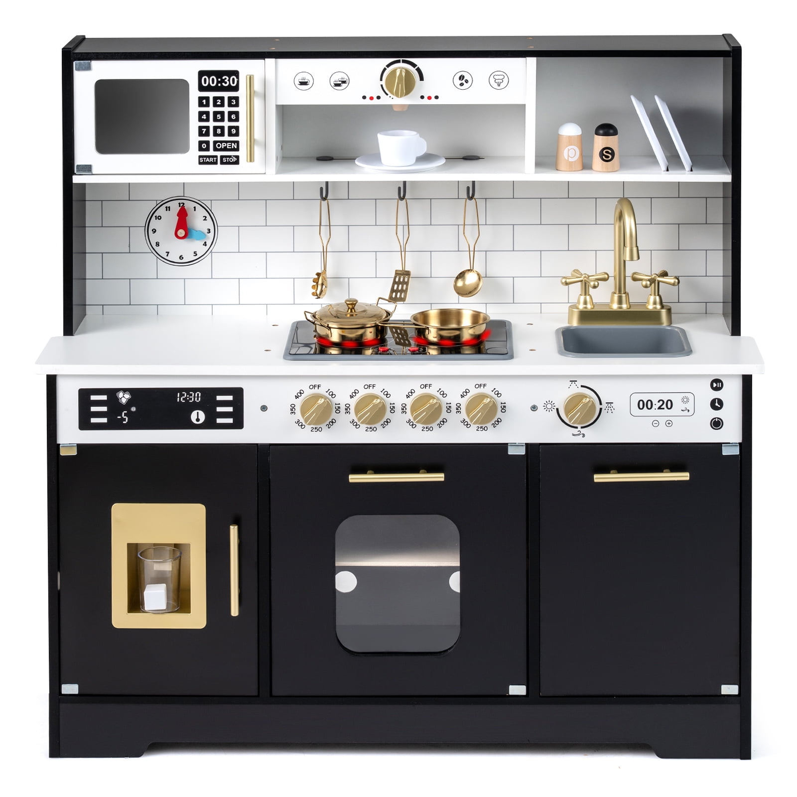 COSTWAY Cuisine Enfants En Bois Avec Lumières Et Sons – 11 Accessoires – Micro-Ondes, Évier, Four – Hauteur Réglable 3 Niveaux – Dès 3 Ans